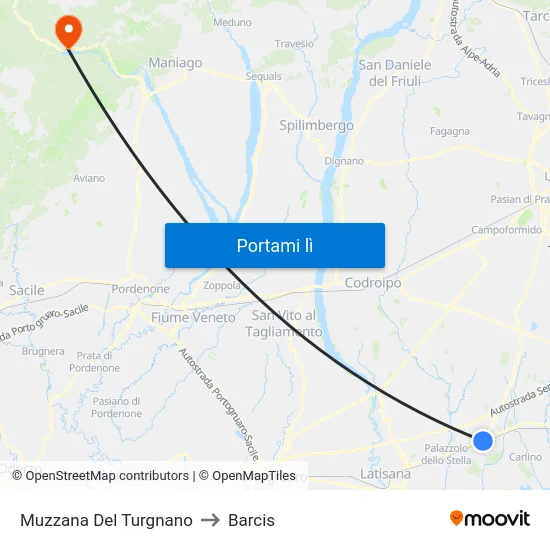Muzzana Del Turgnano to Barcis map
