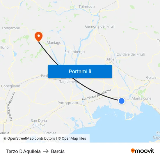 Terzo D'Aquileia to Barcis map