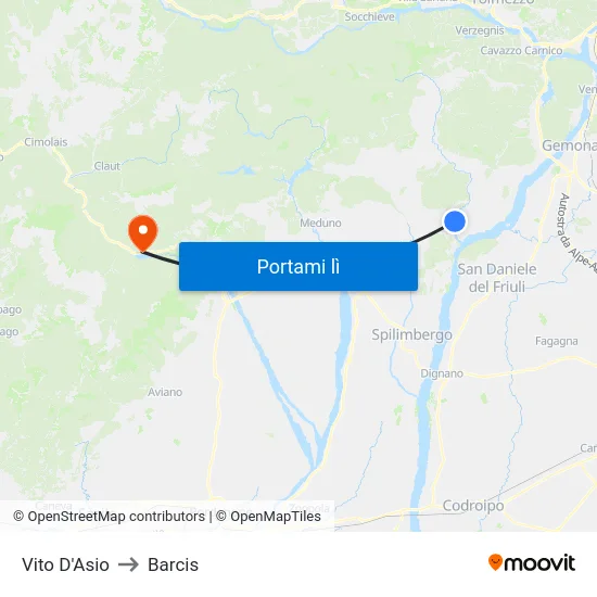 Vito D'Asio to Barcis map