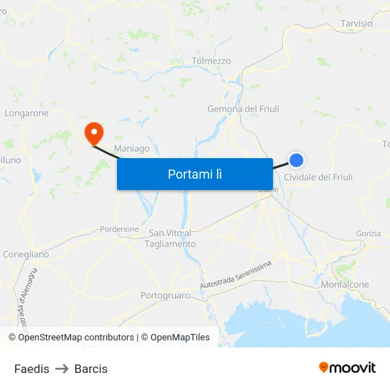 Faedis to Barcis map