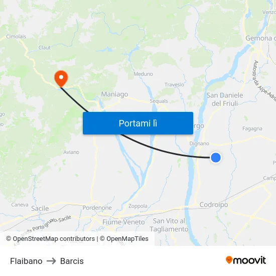 Flaibano to Barcis map
