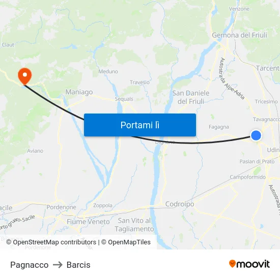 Pagnacco to Barcis map