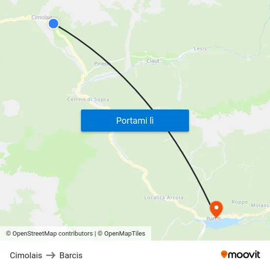 Cimolais to Barcis map