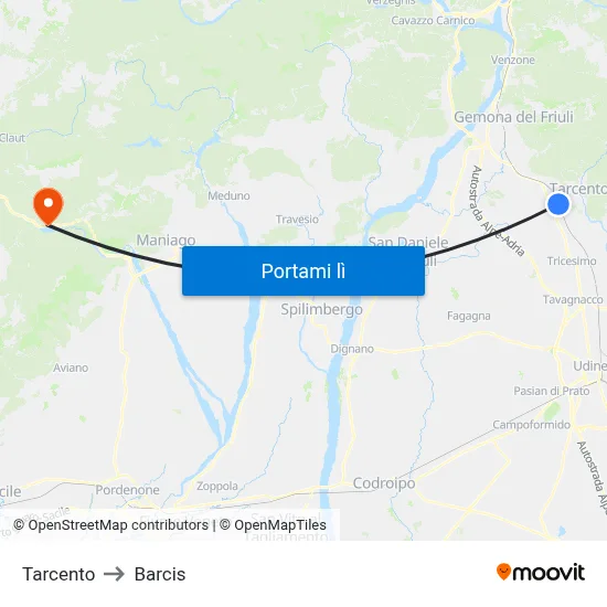 Tarcento to Barcis map