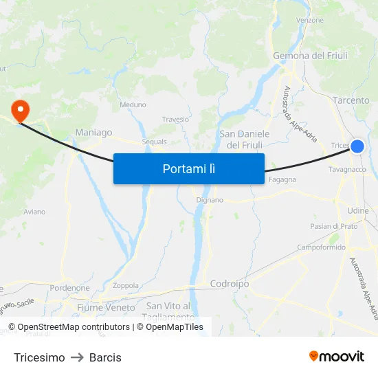 Tricesimo to Barcis map