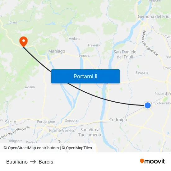 Basiliano to Barcis map