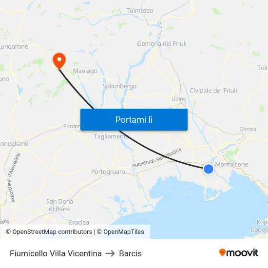 Fiumicello Villa Vicentina to Barcis map