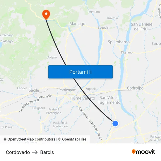 Cordovado to Barcis map