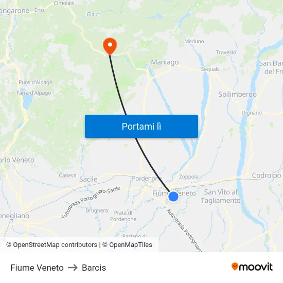 Fiume Veneto to Barcis map