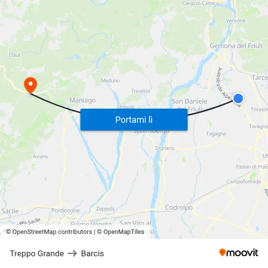 Treppo Grande to Barcis map