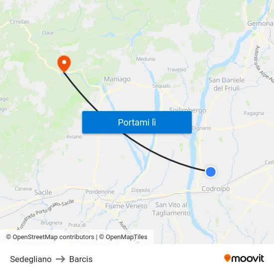 Sedegliano to Barcis map