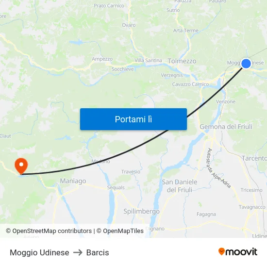 Moggio Udinese to Barcis map