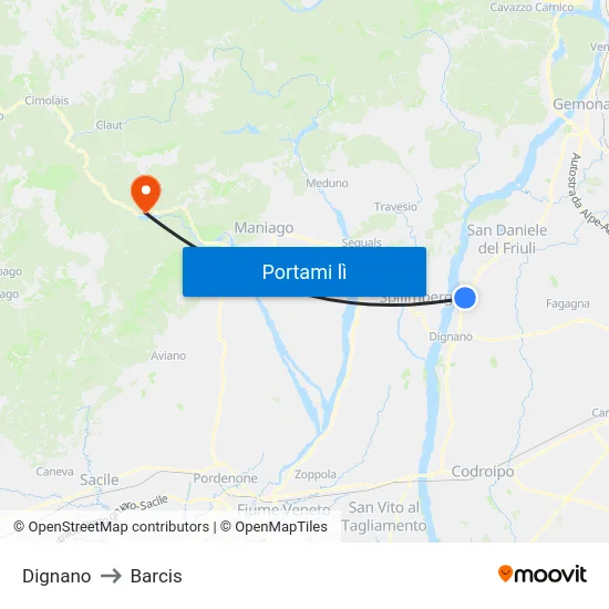Dignano to Barcis map