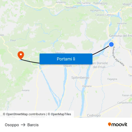 Osoppo to Barcis map