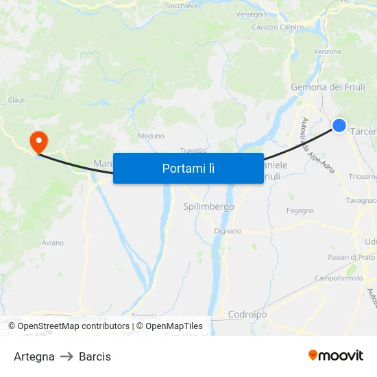 Artegna to Barcis map