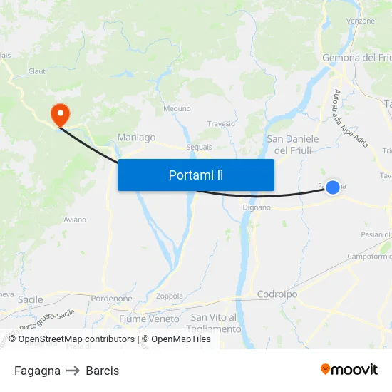 Fagagna to Barcis map