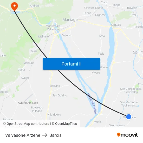 Valvasone Arzene to Barcis map