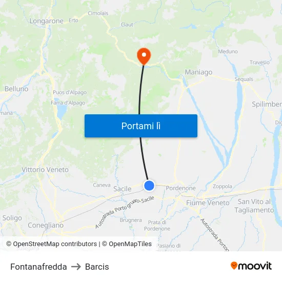 Fontanafredda to Barcis map