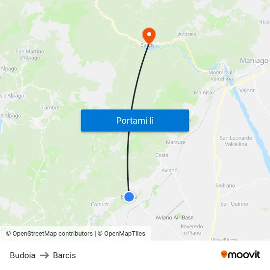 Budoia to Barcis map