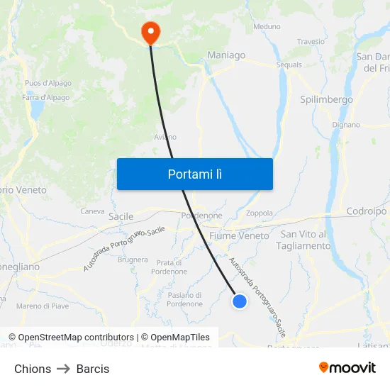 Chions to Barcis map