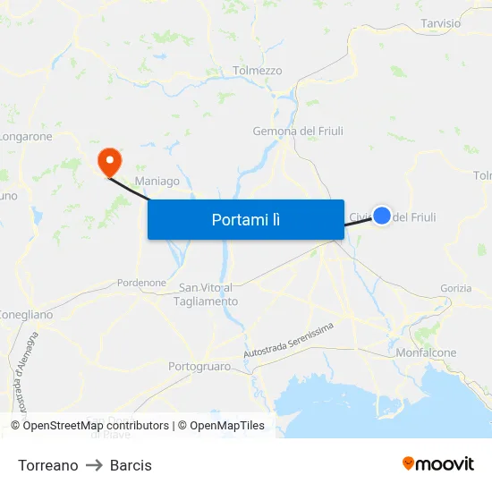Torreano to Barcis map
