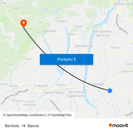 Bertiolo to Barcis map