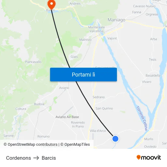 Cordenons to Barcis map