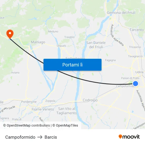 Campoformido to Barcis map
