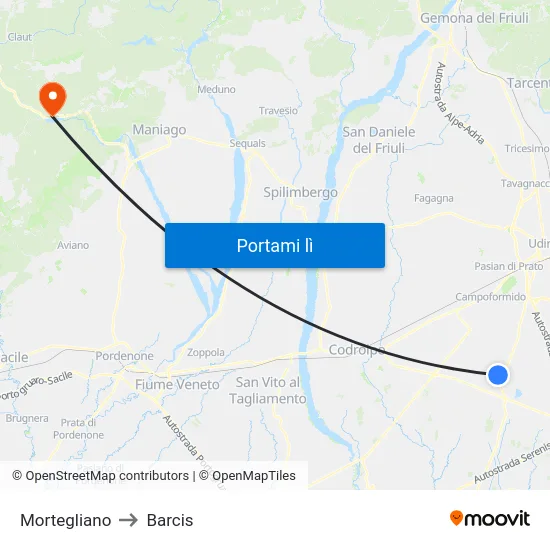 Mortegliano to Barcis map