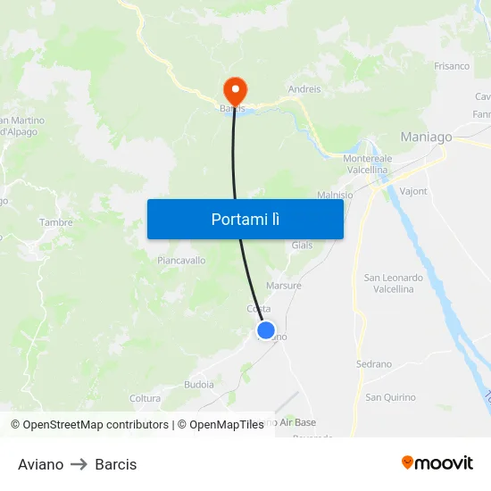 Aviano to Barcis map