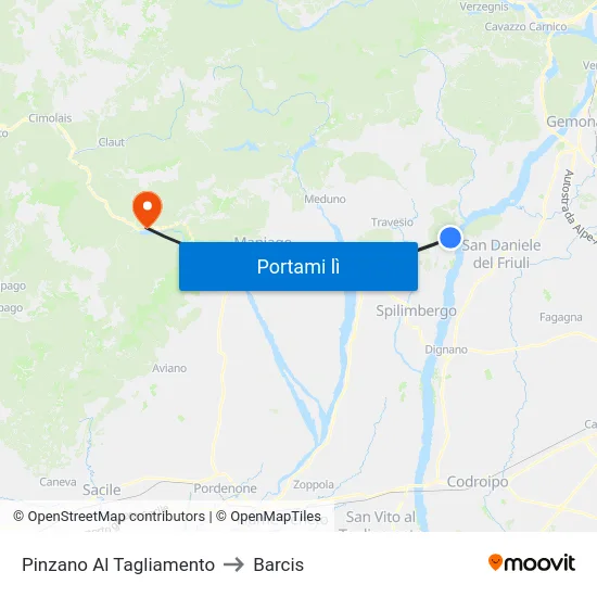 Pinzano Al Tagliamento to Barcis map