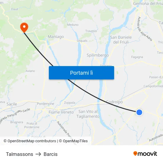 Talmassons to Barcis map