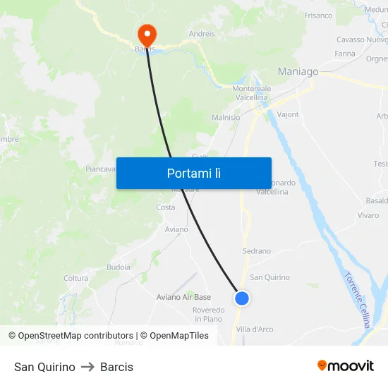 San Quirino to Barcis map