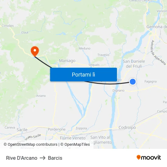 Rive D'Arcano to Barcis map