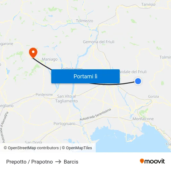 Prepotto / Prapotno to Barcis map