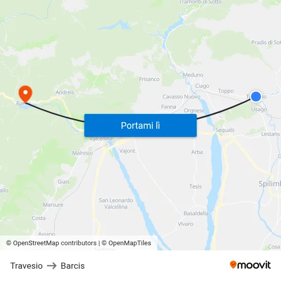 Travesio to Barcis map