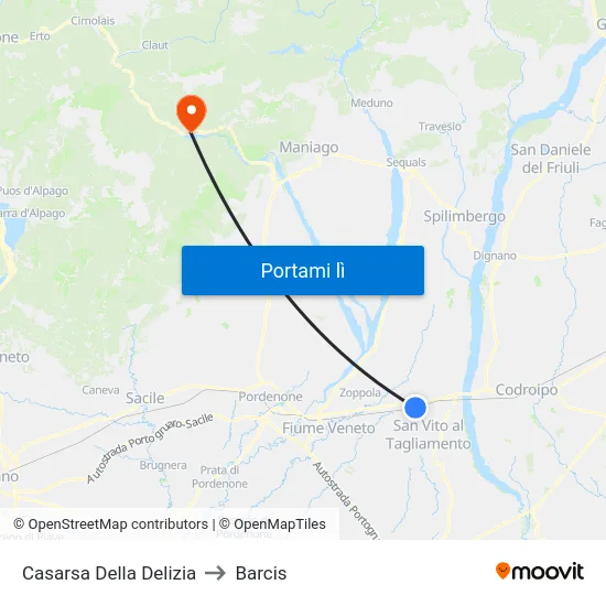 Casarsa Della Delizia to Barcis map