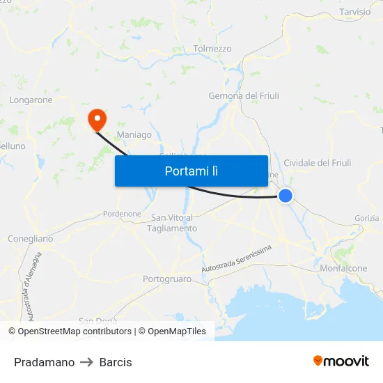 Pradamano to Barcis map