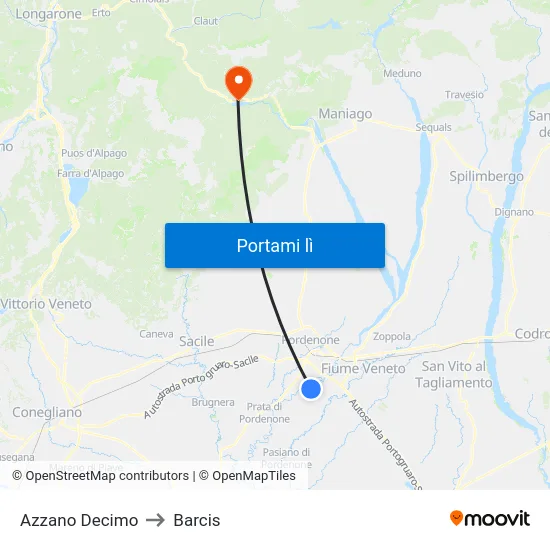 Azzano Decimo to Barcis map