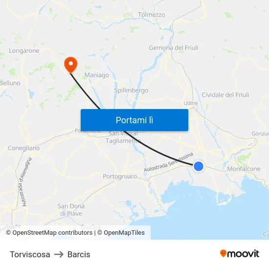 Torviscosa to Barcis map