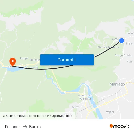 Frisanco to Barcis map