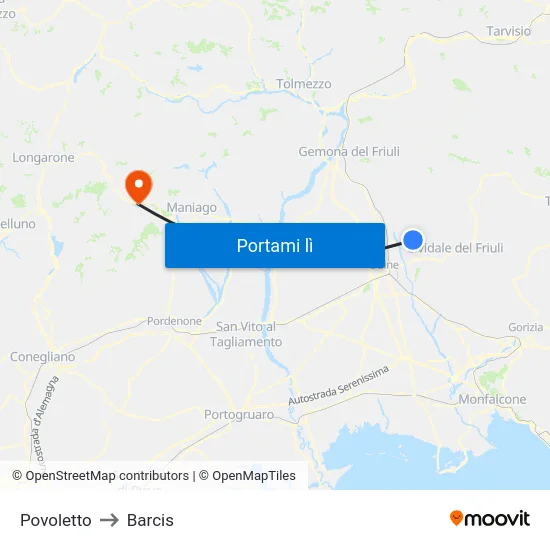 Povoletto to Barcis map