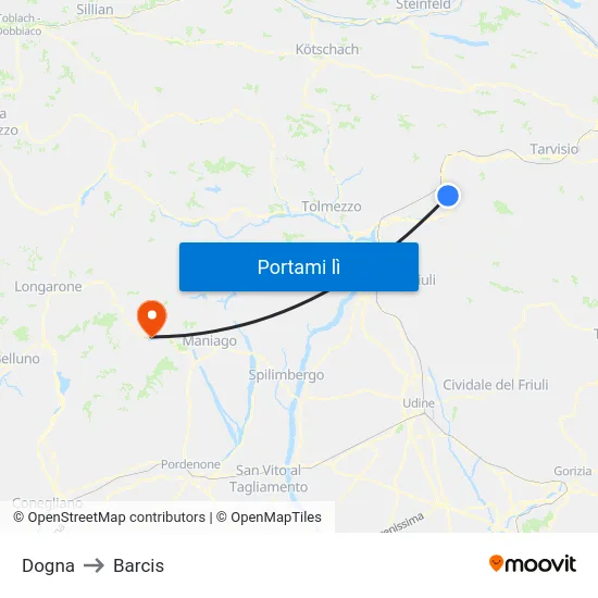 Dogna to Barcis map
