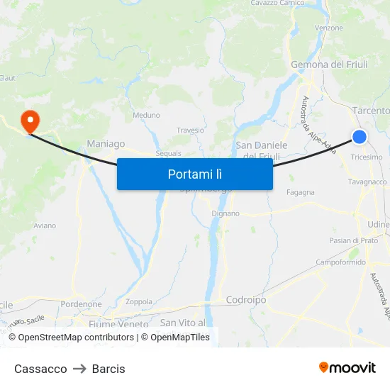 Cassacco to Barcis map