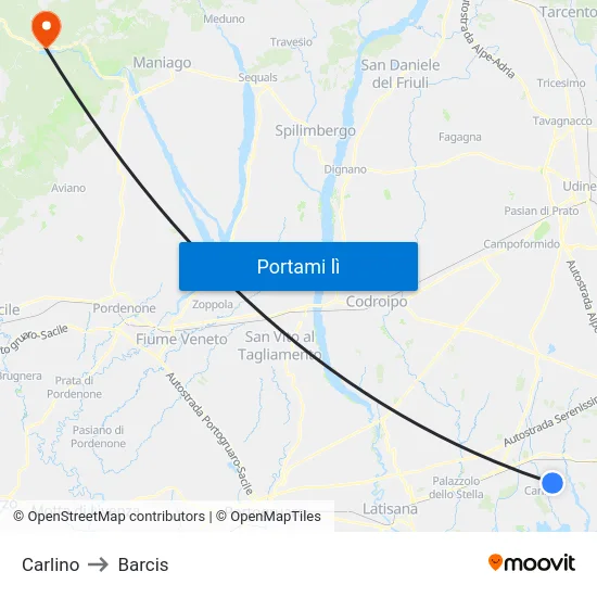 Carlino to Barcis map