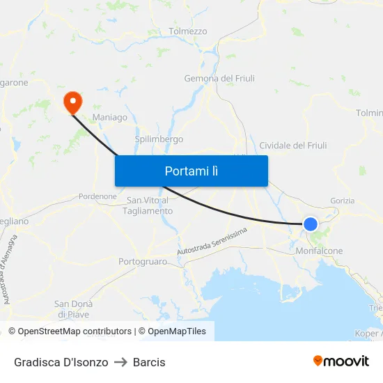 Gradisca D'Isonzo to Barcis map