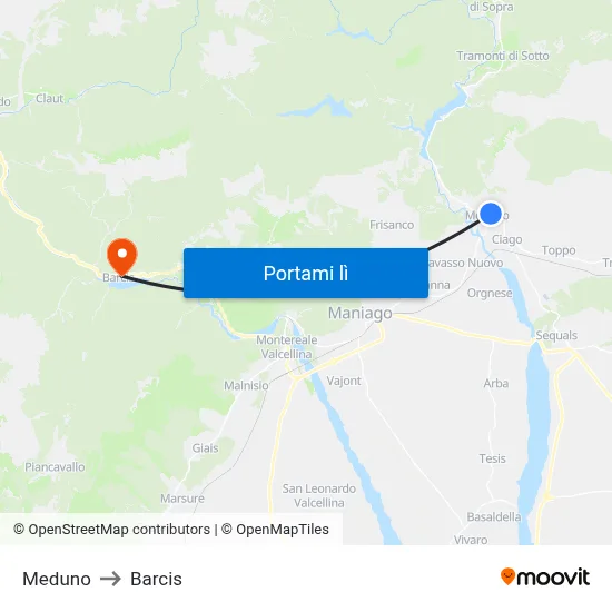 Meduno to Barcis map