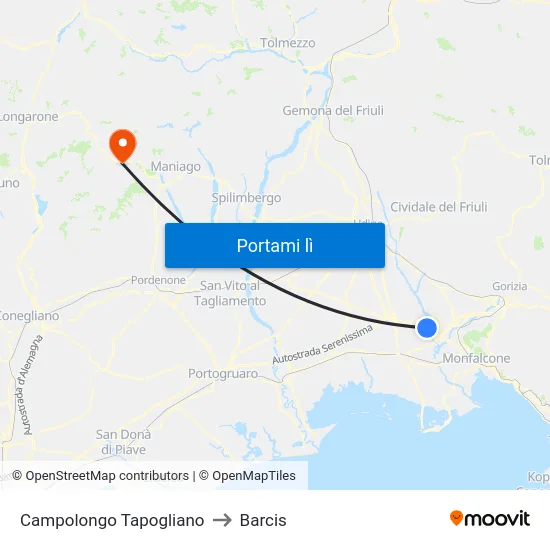 Campolongo Tapogliano to Barcis map