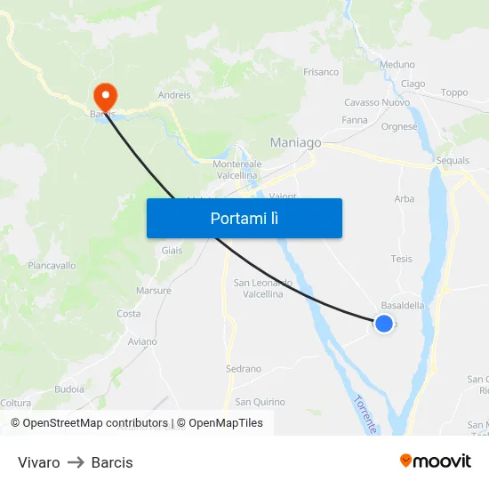 Vivaro to Barcis map