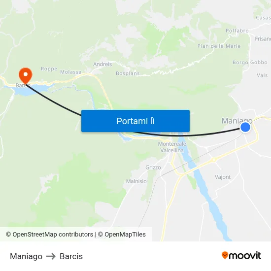 Maniago to Barcis map